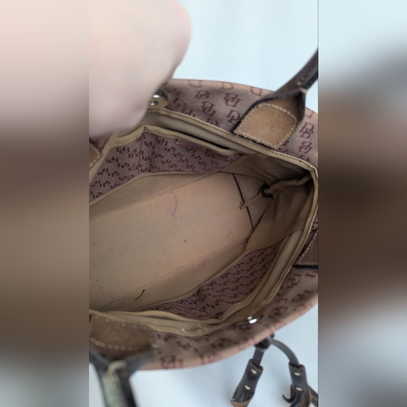 Dooney & Bourke Signature Monogrammed Tassel Tote Burgundy Canvas Brown Leather - Picture 7 of 12